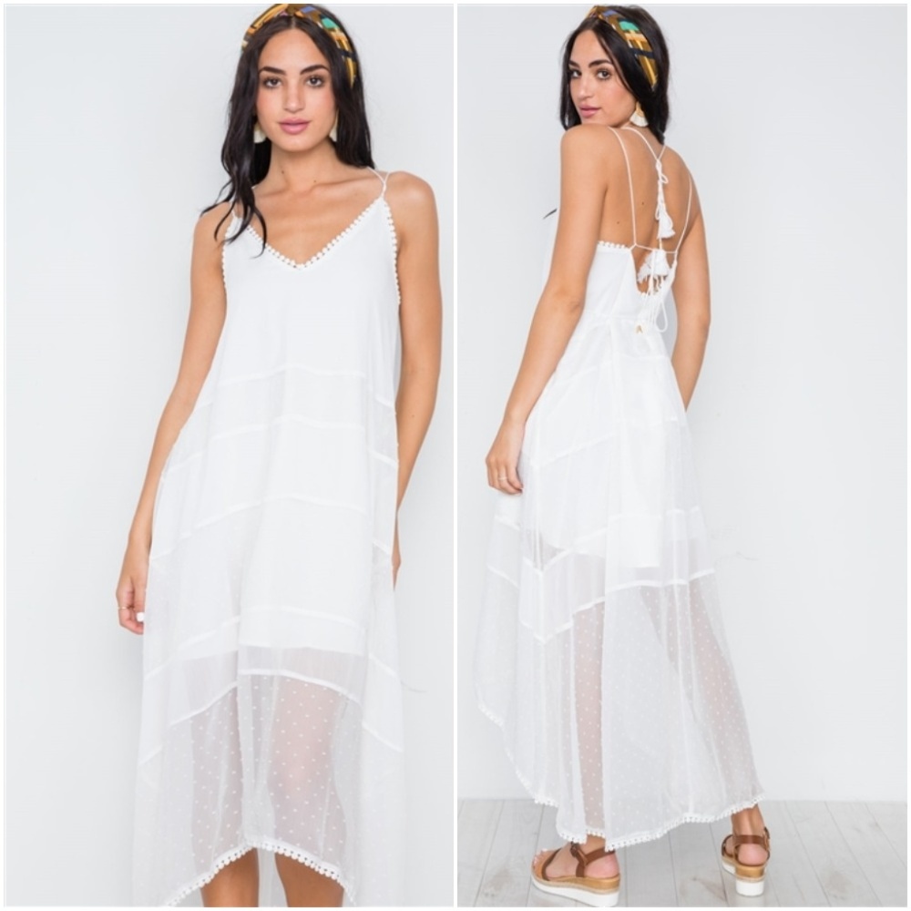 WHITE CHIFFON HIGH-LOW CAMI MIDI BOHO DRESS